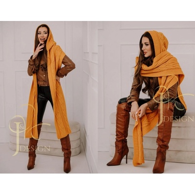 Fashionweek pletená exkluzivní čepice ala kapuce se šálou 2v1 Cleo Hořčičný