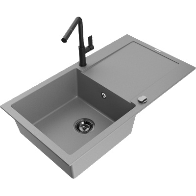 Mexen Leo гранитна кухненска мивка с 1 отделение, отцедник и кухненски смесител Flora, сив - 6501-71-670401-70-B (6501-71-670401-70-B)