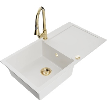 Mexen Leo гранитна мивка с една камера с отцедник и кухненски смесител Elia, бял - 6501-20-670101-50 (6501-20-670101-50)