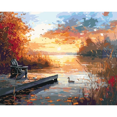 ZUTY KAČICA V RÁKOSÍ MÓLO A ZÁPAD SLNKA NA JESEŇ Rámovanie bez rámu a bez vypnutia plátna Rozmer 80 x 100 cm