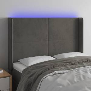 vidaXL LED горна табла за легло, тъмносива, 147x16x118/128 см, кадифе (3123817)