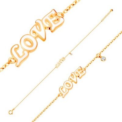 Šperky eshop ze žlutého zlata přívěsky bílý glazovaný nápis LOVE a zirkon GG137.14