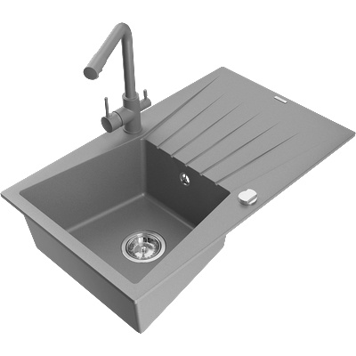 Mexen Cesar гранитна мивка с 1 отделение с отцедник и кухненски смесител Duero, сив - 6514-71-671600-71 (6514-71-671600-71)
