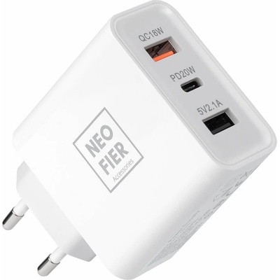 Neofier Захранване за ел. мрежа с 2xUSB-A и USB-C изходи с технология за бързо зареждане - NeoFier Travel Charger 2xUSB-A And USB-C 20W (бял) (NFC04WACA)