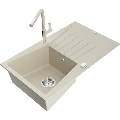 Mexen Cesar еднокоморна кухненска мивка с дренаж и кухненски смесител Flora, бежов - 6514-69-670401-09 (6514-69-670401-09)