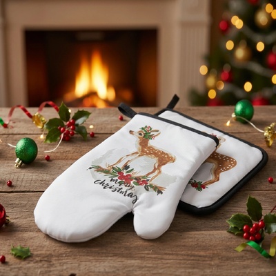 Kuchyňský set rukavice/chňapka JINGLE BELLS bílá/červená 18x30 cm/20X20 cm ESSEX
