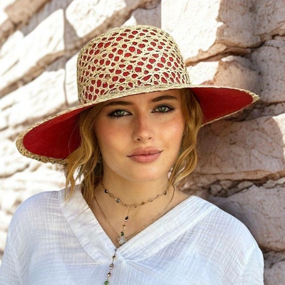 Krumlovanka Dámský slaměný letní klobouk Big Brim Handcrafted Co-14012 červený