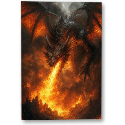 Plakát – Drak chrlící oheň nad ruinami 90 × 135 cm Bez rámu Ne Bez rámu