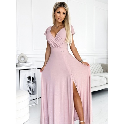 Numoco Блестяща дълга рокля с деколте - мръсно розово Numoco CRYSTAL numoco | Rozov | ЖЕНИ | XS