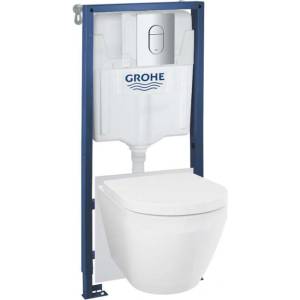 GROHE Solido - Комплект за монтаж пред стена, тоалетна чиния Euro Ceramic, седалка SoftClose и бутони Arena Cosmopolitan, Triple Vortex, хром 102514SH00 (102514SH00)