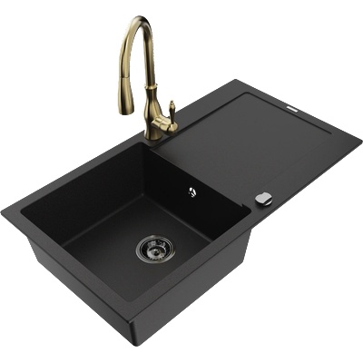Mexen Leo гранитна мивка с 1 гнездо, дренираща дъска и кухня батерия Savita, черен - 6501-77-672601-50-B (6501-77-672601-50-B)