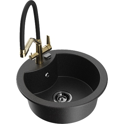 Mexen Diego гранитна кухненска мивка с една камера и кухненски смесител Duo, черен/сребърен металик - 6512-73-671701-57-B (6512-73-671701-57-B)