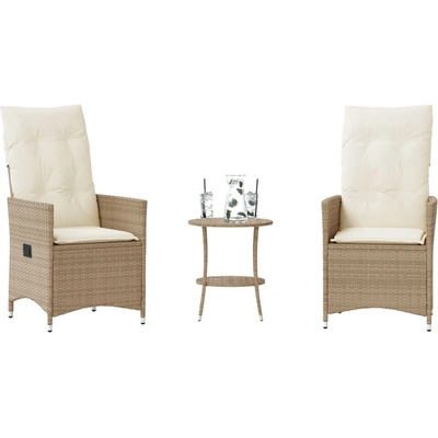 vidaXL Бистро комплект с възглавници 3 части бежов полиратан (365655)