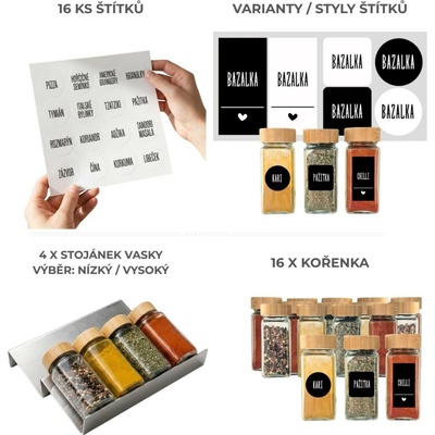 Orion Sada kořenek DECOR 120 ml + 4 ks organizér na kořenky VASKY NEREZ + sada štítků 16 ks