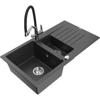 Mexen Matias гранитна мивка 1, 5-коморна с отцедник и кухненски смесител Duo, черна с пръски - 6502-76-671701-07 (6502-76-671701-07)