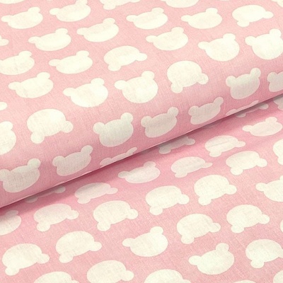 Bavlněné plátno P0681 světle růžové, bílé medvědí hlavy, š.140