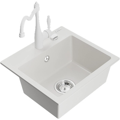 Mexen Milo гранитна кухненска мивка с 1 корито и кухненски смесител Carla, бял - 6505-20-670700-20 (6505-20-670700-20)