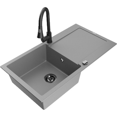 Mexen Leo гранитна мивка с 1 отделение и отцедник и кухненски смесител Elia, сив - 6501-71-670101-70-B (6501-71-670101-70-B)