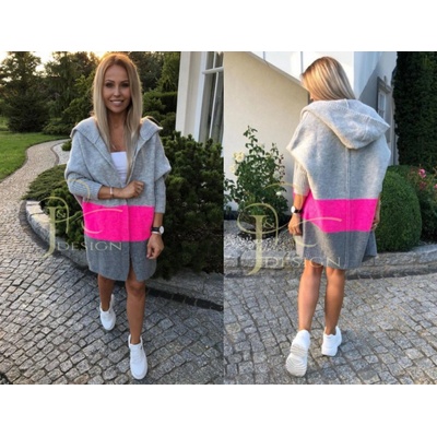 Fashionweek Pletený pruhovaný svetr kabát kabát s kapucí LINDA Růžový neon