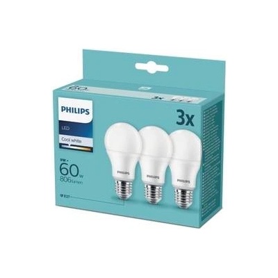 Philips LED 9W/60W 806lm A60 E27 4000K CW FR ND 3-set