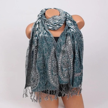 Image 1 of Шал в петролено и бяло с орнаменти и ламе