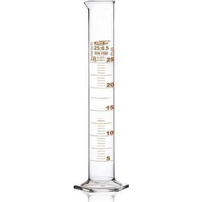 Odměrný válec skleněný, 500 ml, třída B, hnědá stupnice, skleněná šestihranná podstava