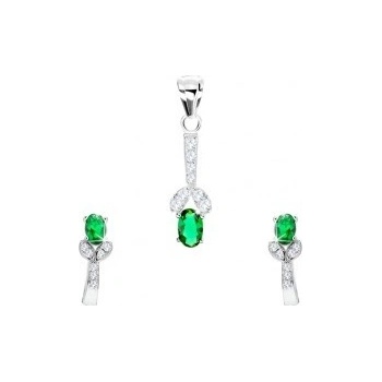 Šperky eshop Strieborný set, náušnice prívesok zelený zirkón rozdvojená línia SP77.05