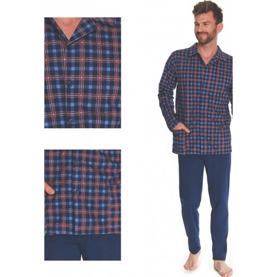 Richard pánské pyžamo dlouhé propínací káro tm.modré