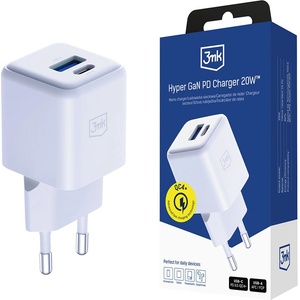 3mk Protection - Зарядно за стена Hyper - USB-A, USB-C, GaN технология, QC4 + PD, 20W - Бяло