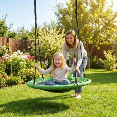 Costway Ø100 cm houpačka hnízdo s polštářky a madly s 100-180 cm