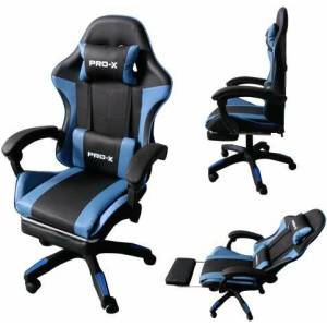 PRO-X Goborelax Геймърски стол с подложка за крака и функция за масаж - синьо-черно (bm028)