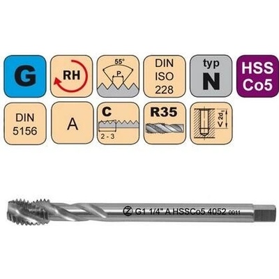 NÁSTROJE CZ Závitník strojní G1/8" A HSSCo5 DIN 5156 RSP35 - 4052 - CZZ4052-G1/8"-A