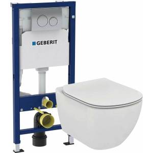 Ideal Standard Комплект за окачване на тоалетна чиния Ideal Standard Tesi AquaBlade с капак с плавно затваряне, казанче Geberit Duofix Delta и клапа (458.134.21.3+T007901+T352701)