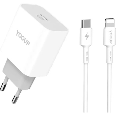 YOOUP Зарядно устройство за захранване от електрическата мрежа с 1xUSB-C гнездо + Lightning кабел Yooup 20W NC60-C + NB36-CL-1M (NC60-C + NB36-CL-1M)