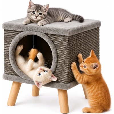 Purlov Kočičí domeček šedý plyšový s pelíškem 38 x 32 cm