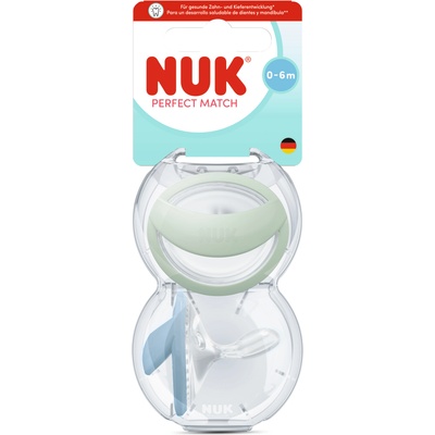 Nuk Силиконови залъгалки NUK - Perfect Match, Mommy Feel, Зелена & Синя, 0-6 m, 2 броя с кутийка за съхранение и стерилизация (10175336)