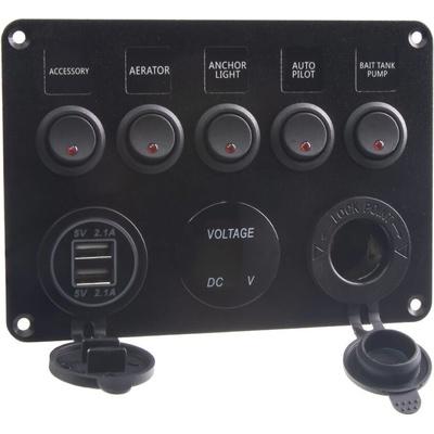 STU 47170 Panel s 5x spínači, CL, voltmetr + 2x USB zásuvka, 12/24V
