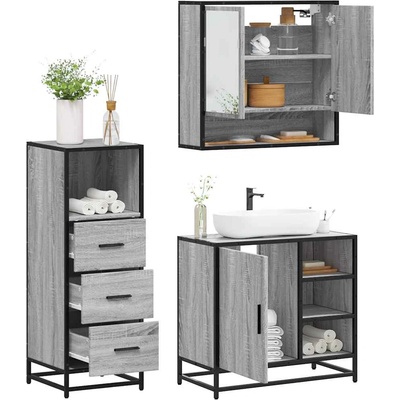 vidaXL Комплект мебели за баня от 3 части сив сонома инженерно дърво (3301058)
