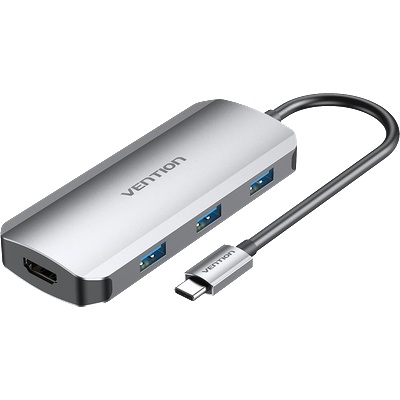 Vention USB-C - HDMI/USB 3.0x3/PD (0, 15 м сива алуминиева сплав), докинг