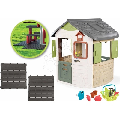Smoby Set domček s podlahou a zvonček so zvukmi Life Jura Lodge rozšíriteľný s kŕmidlom a košík s krhličkou