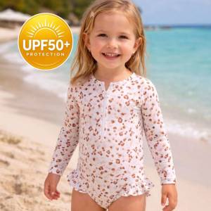Swim Essentials Детски цял бански с UPF50+ защита и дълги ръкави - „Offwhite Khaki Leopard (SWE-2020SE504)