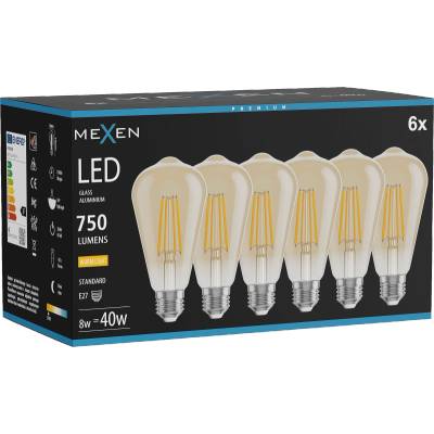 Mexen Vintis 6x LED филамент крушка E27, ST64, 8W, Топла светлина - 2700K, 750 lm, кехлибар (L152-E27-0827-50x06)