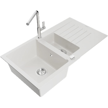 Mexen Matias гранитна мивка с 1, 5 отделения и отцедник и кухненски смесител Flora, бял - 6502-20-670401-00 (6502-20-670401-00)