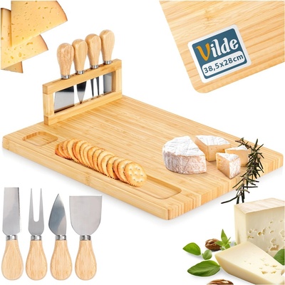 Vilde Бамбукова дъска за сирена с магнитна лента, върху която са поставени 4 бр. различни ножове от неръждаема стомана (139753)