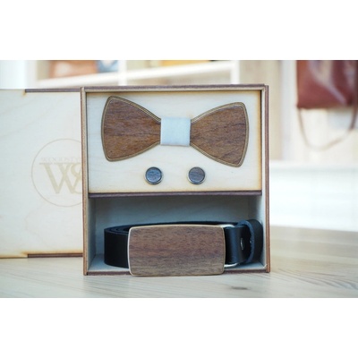 Wood Style Set Kulatý Ořech opasek motýlek a manžetové knoflíčky Šedá