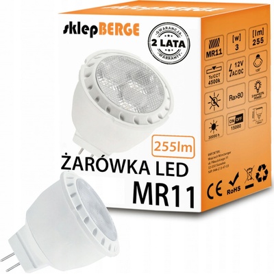 Berge LED žárovka MR11 3W 12V 255Lm neutrální bílá