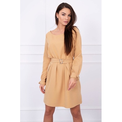 Kesi šaty se zavazováním v pase a s kapsami hořčicová