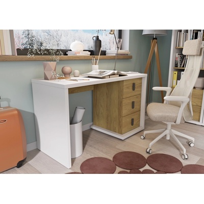 Minio, psací stůl, "SIMI 3", 125 cm, zásuvky, bílá/hikora přírodní barva