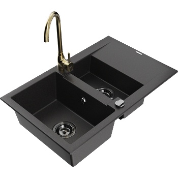 Mexen Gaspar гранитна мивка с 1, 5 камери, с отцедник и кухненски смесител Telma, черен - 6507-77-670200-50-B (6507-77-670200-50-B)