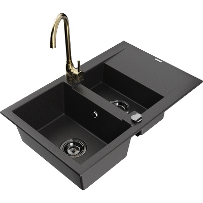 Mexen Gaspar гранитна мивка с 1, 5 камери, с отцедник и кухненски смесител Telma, черен - 6507-77-670200-50-B (6507-77-670200-50-B)
